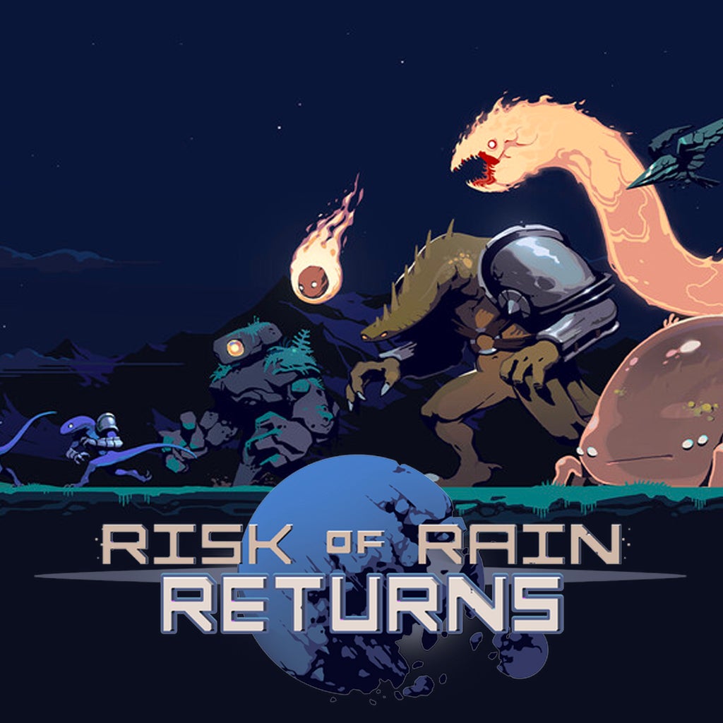 Risk of Rain Returns steam art. A character faces right against a horde of giant monsters.