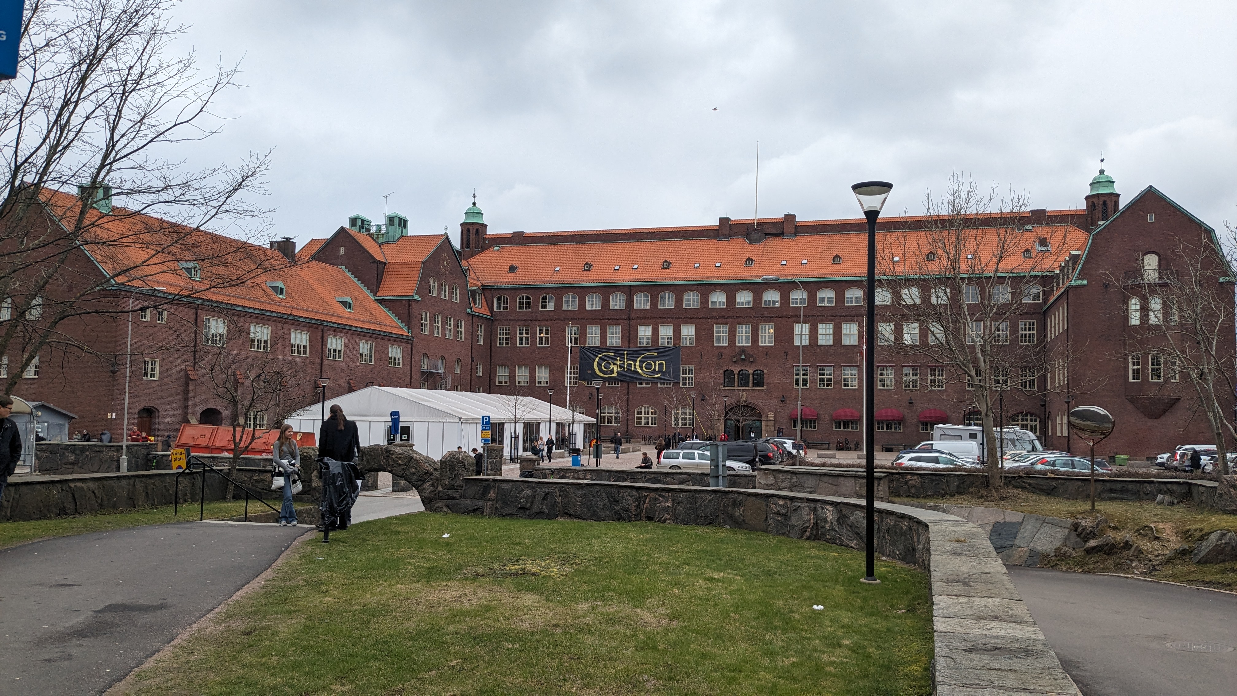 The Gothcon logo adorns a large school building. This is the North building of the convention.