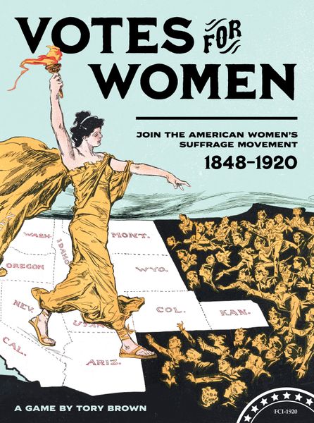 Votes for Women Cover. A women in Yellow holds aloft a flame and points to the right of the box. Below here feet is a partial map of America. On the right of the box is a sea of protestors in her way.