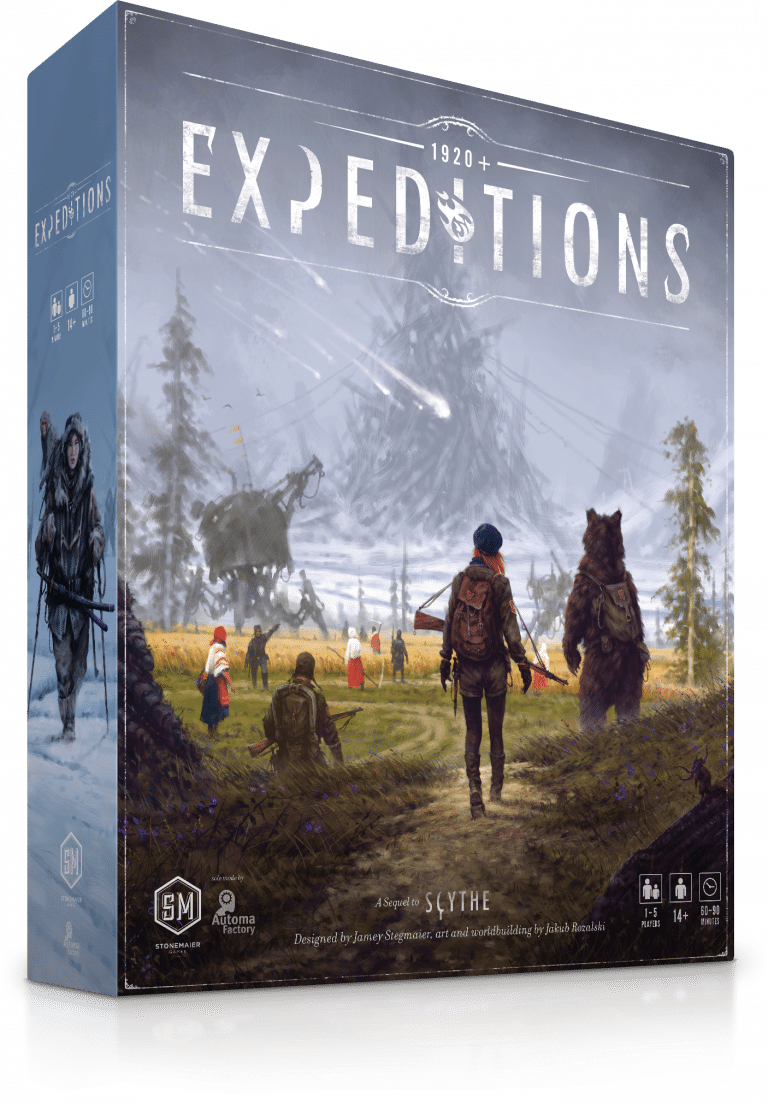 The box for Expeditions. A person stands next to a bear which is standing on its hindlegs. They look towards a frozen area from a patch of green.