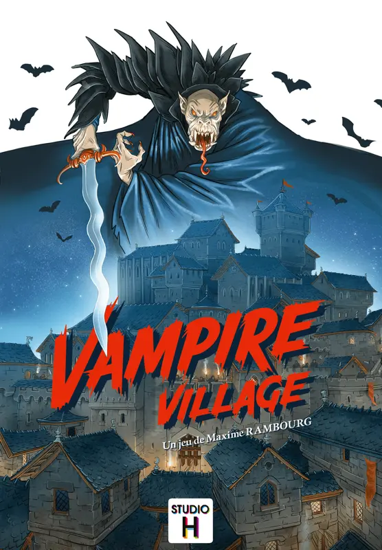 Vampire Village cover art. A Vampire holds a sword at the top of the box. Its cloak merges into the image of a village with the words Vampire Village across it and the designers name below the title.