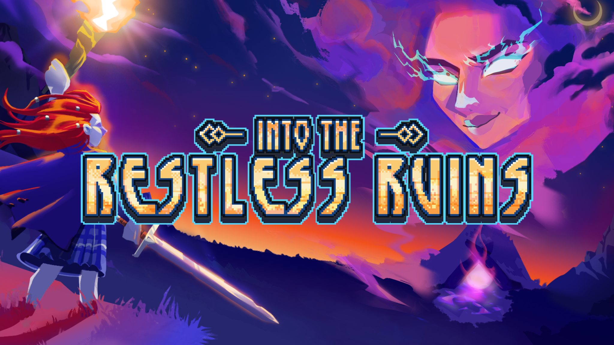 Into the Restless Ruins is written in 16bit style lettering. To the left of the background images is someone in tartan with red hair and a sword. They look at the entrance to a ruin above which a large face with glowing eyes looks down upon them