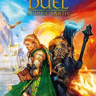 Lord of the RIngs Duel cover. It shows an elf warrior back to back with Sauron. The background is split between Everdale and the fires of Mordor.