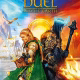 Lord of the RIngs Duel cover. It shows an elf warrior back to back with Sauron. The background is split between Everdale and the fires of Mordor.
