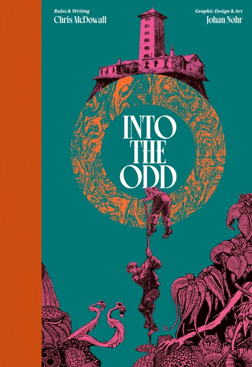 Into the Odd Cover. An orange circle surrounds the title while art in pink depicts people crawling over the logo. The spine of the book is in orange.