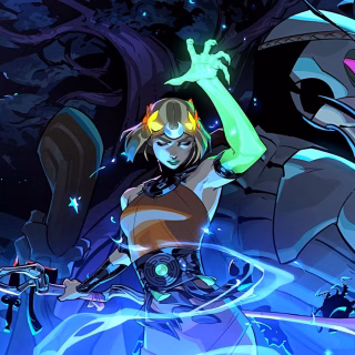 Melinoe casts a spell while in the background are figures from the game