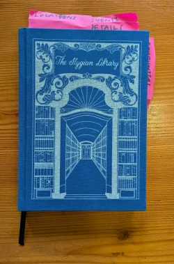 The book with a blue and silver picture depicting a corridor of a library with the name of the supplement at the top. Pink sticky notes can be seen poking out various sides of the book with references written on them.